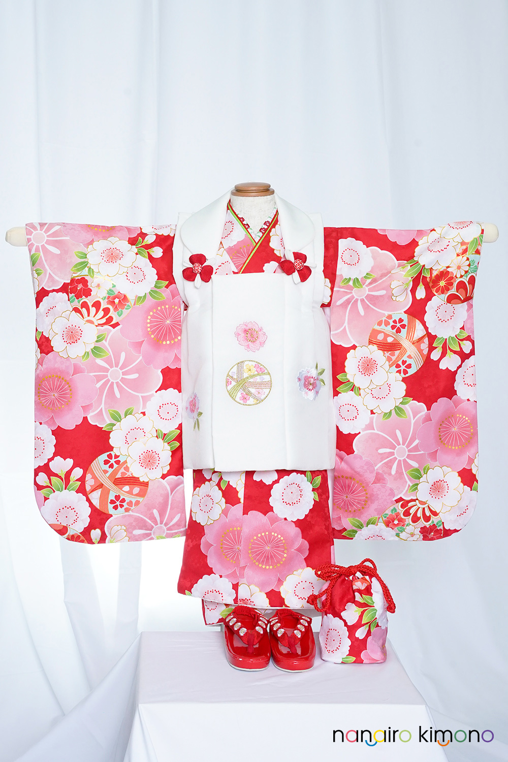3歳女児・着物被布セットレンタル｜赤色・白色 G3-着物S 003