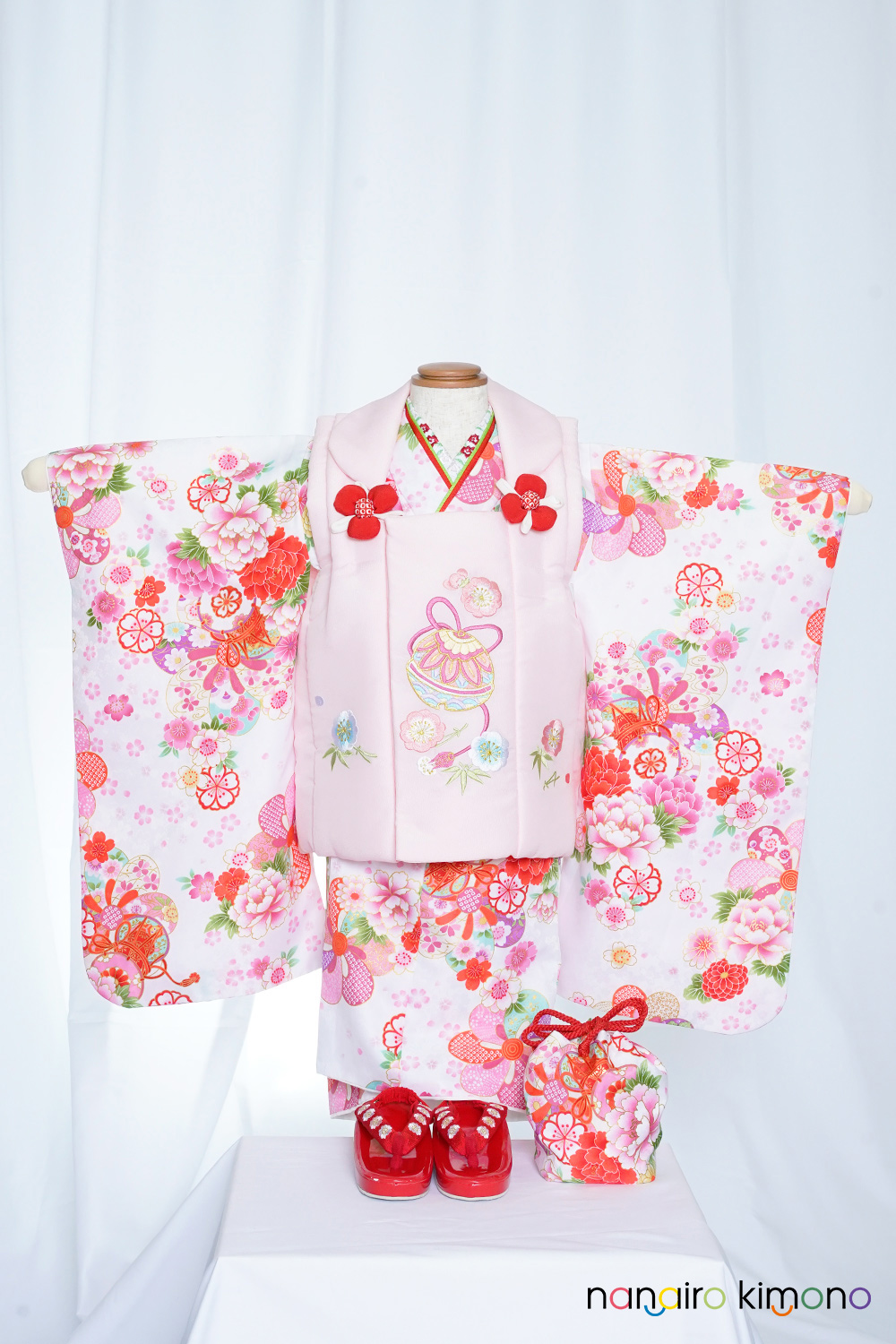 3歳女児・着物被布セットレンタル｜ピンク色・白色 G3-004