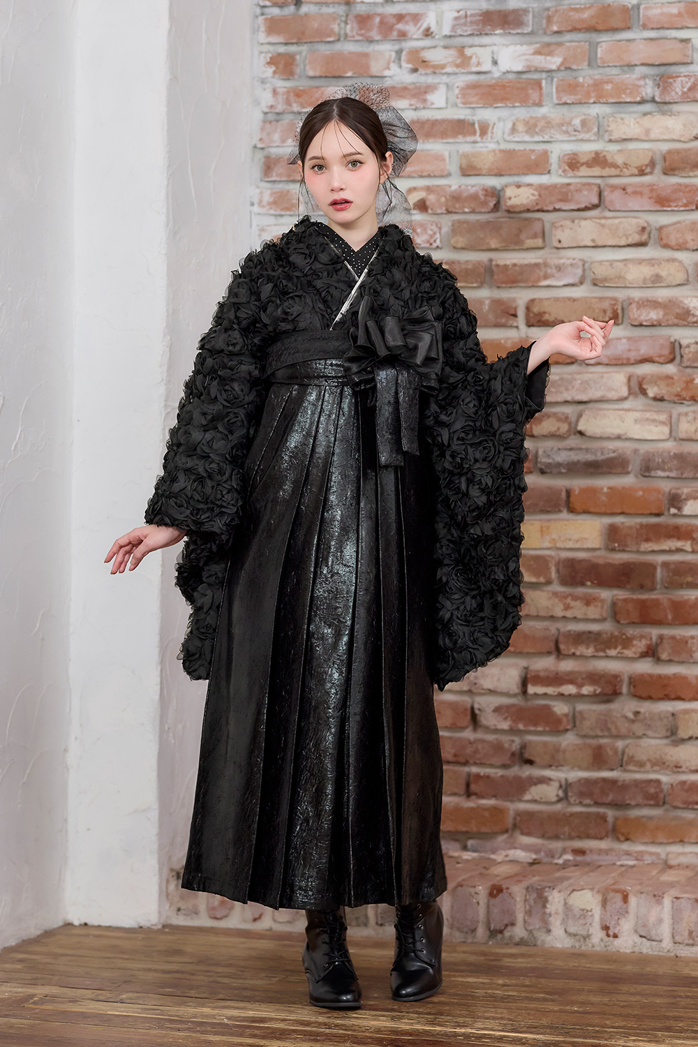 【まめko即納品】デニムブラック　羽織袴セット　120cm 卒業式袴フルセット｜Kalanchoe(カランコエ)デニム生地スワロ付 2S222