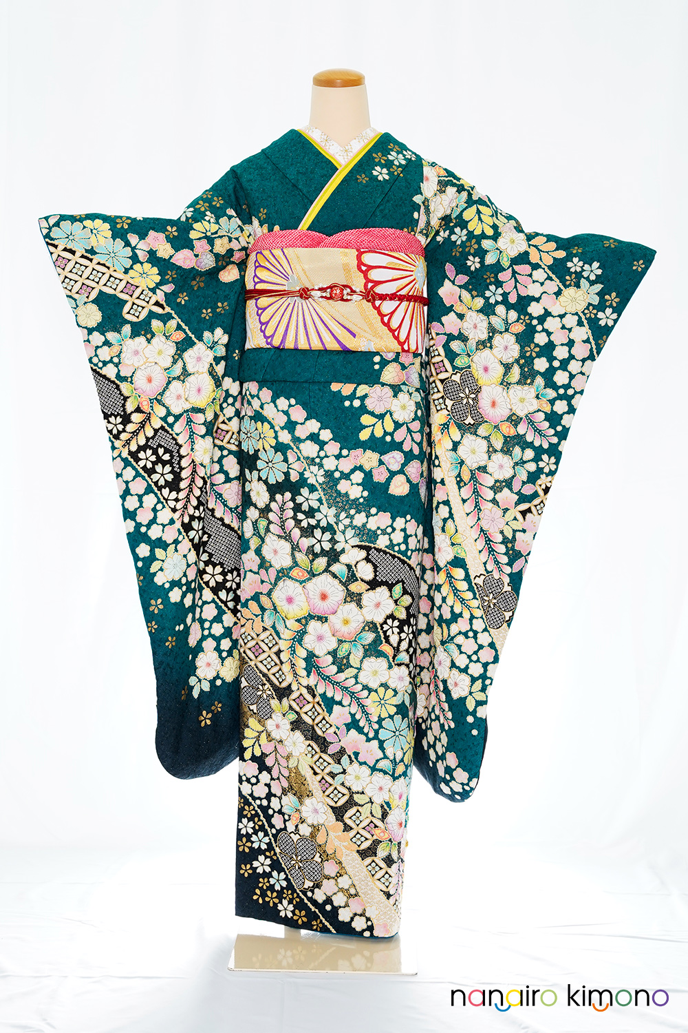 成人式振袖フルセット｜緑色・辻が花古典柄 F031｜ナナイロキモノ