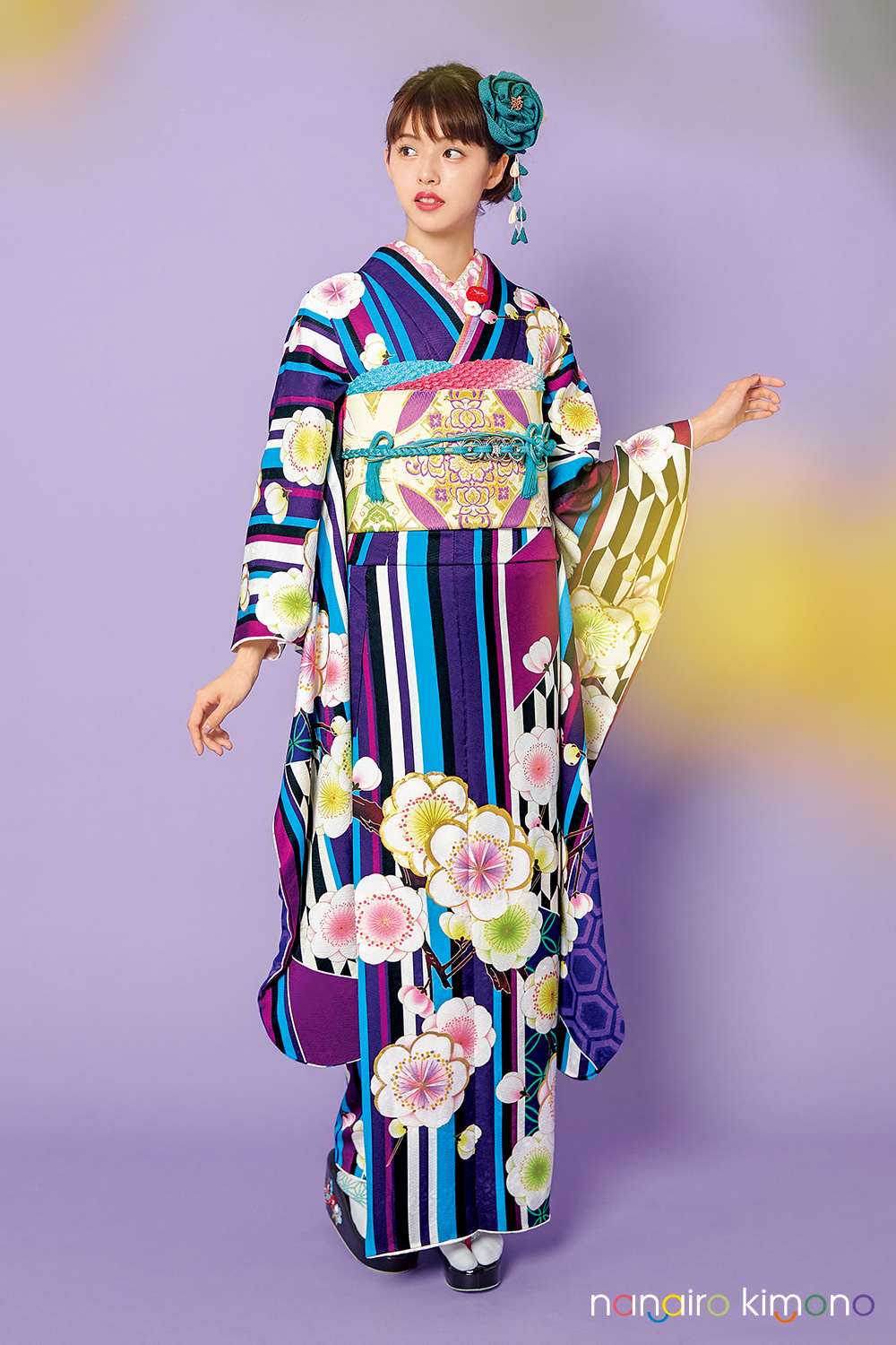 美品★振袖フルセット　正絹　成人式　振袖　7点セット　Mサイズ　水色　花柄 成人式振袖フルセット｜水色・ストライプ柄 F047｜ナナイロキモノ