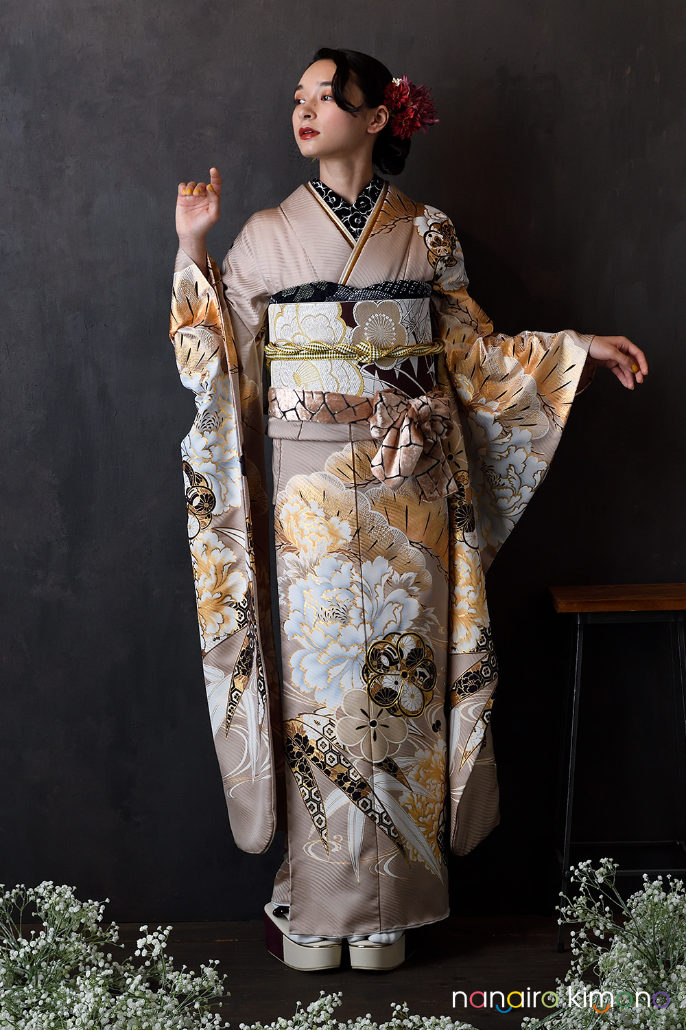 振袖フルセット ベージュ×茶 清楚な大人古典 成人式 成人式振袖フルセット｜ベージュ色・かっこいい F160｜ナナイロキモノ