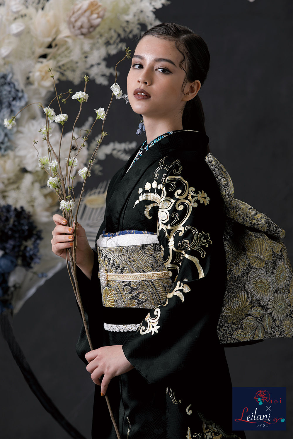 成人式振袖フルセット｜黒色・かっこいい金彩加工 F182｜ナナイロ