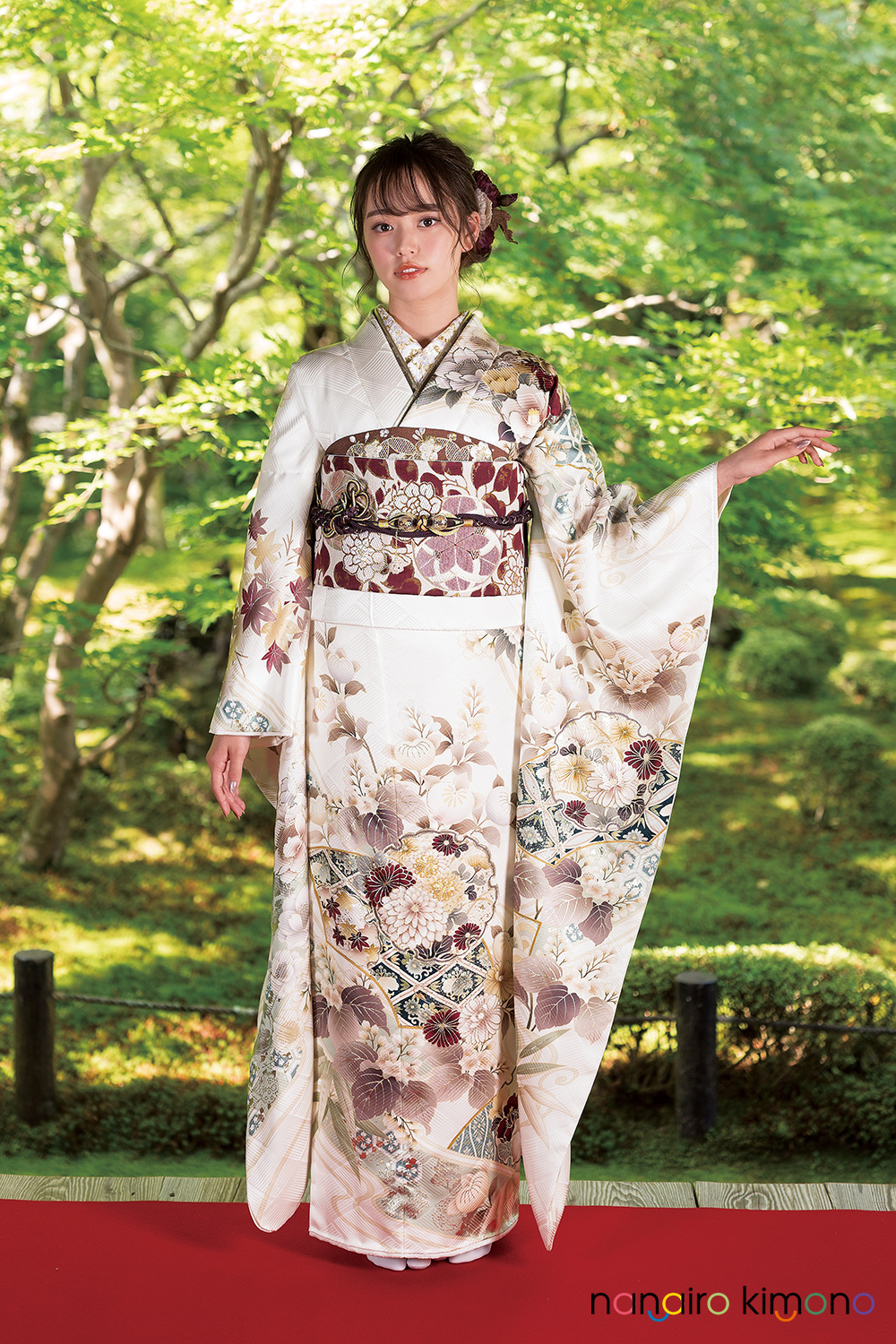 成人式振袖フルセット｜白色・古典花模様 F200｜ナナイロキモノウェブ