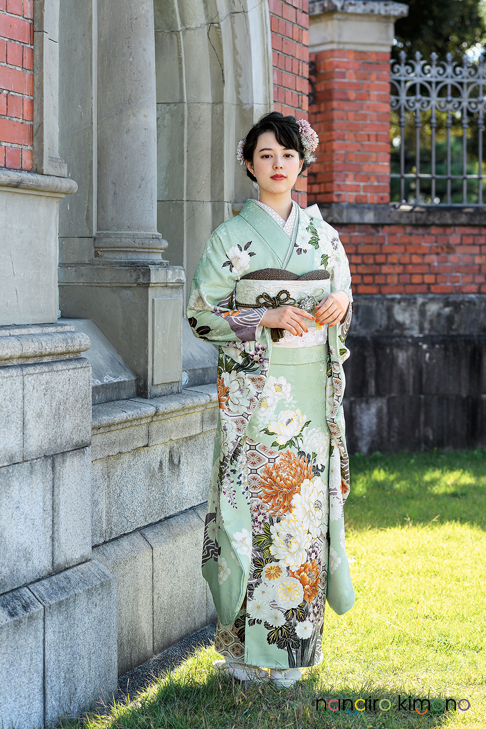 成人式振袖フルセット｜ミントグリーン色 可愛い古典柄 F263｜ナナイロ