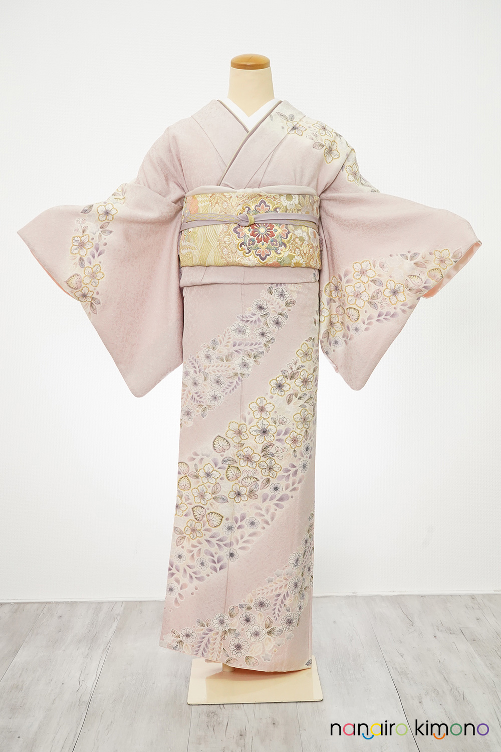 訪問着 淡いピンク 花籠文様 単　 正絹 訪問着フルセット｜ 淡いピンク色 辻が花柄 H001｜ナナイロキモノ